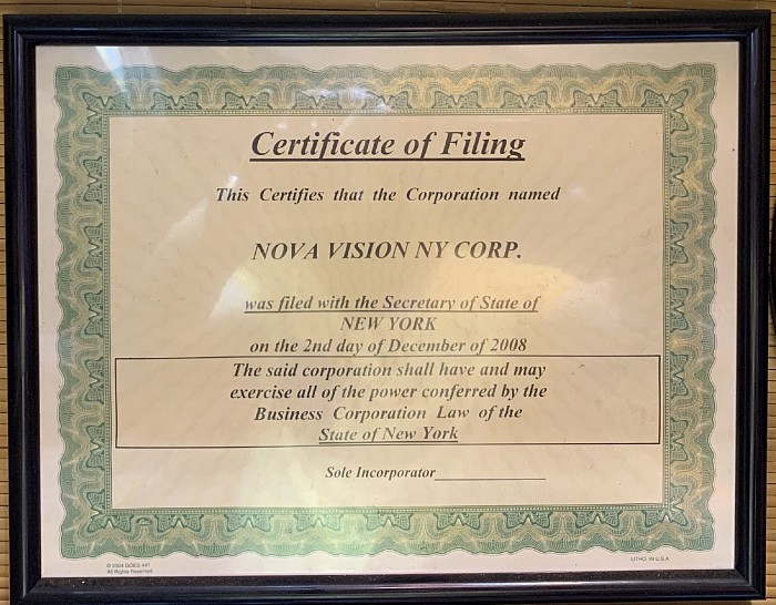 Certificate  of filling Nova Vision NY Corp.